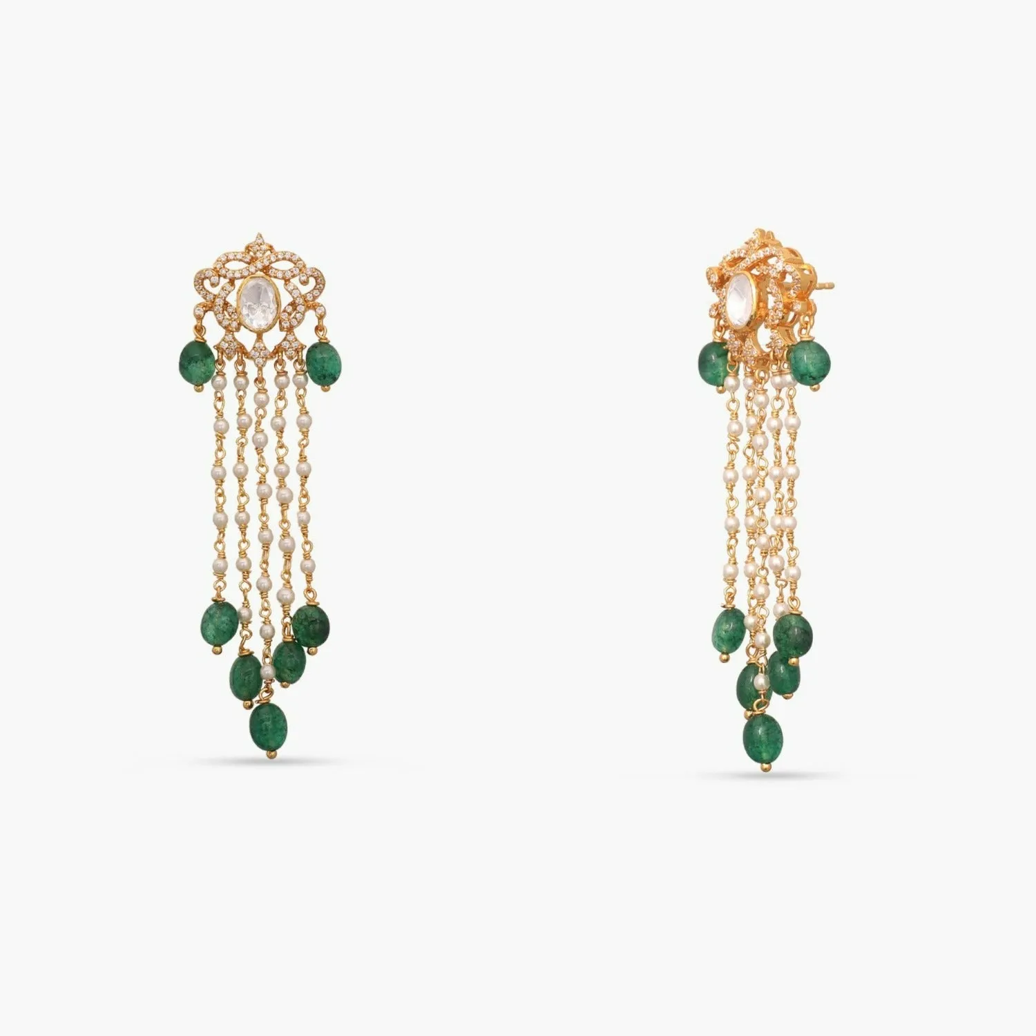 Anya Gold Plated Moissaanite and Pearl Chain Silver Earrings