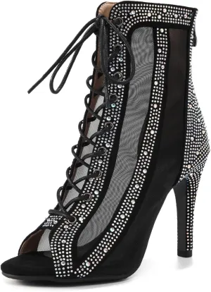 AOQUNFS Women's Rhinestones Latin Dance Boots Ballroom Salsa Lace-up Party Ankle Dance Shoes