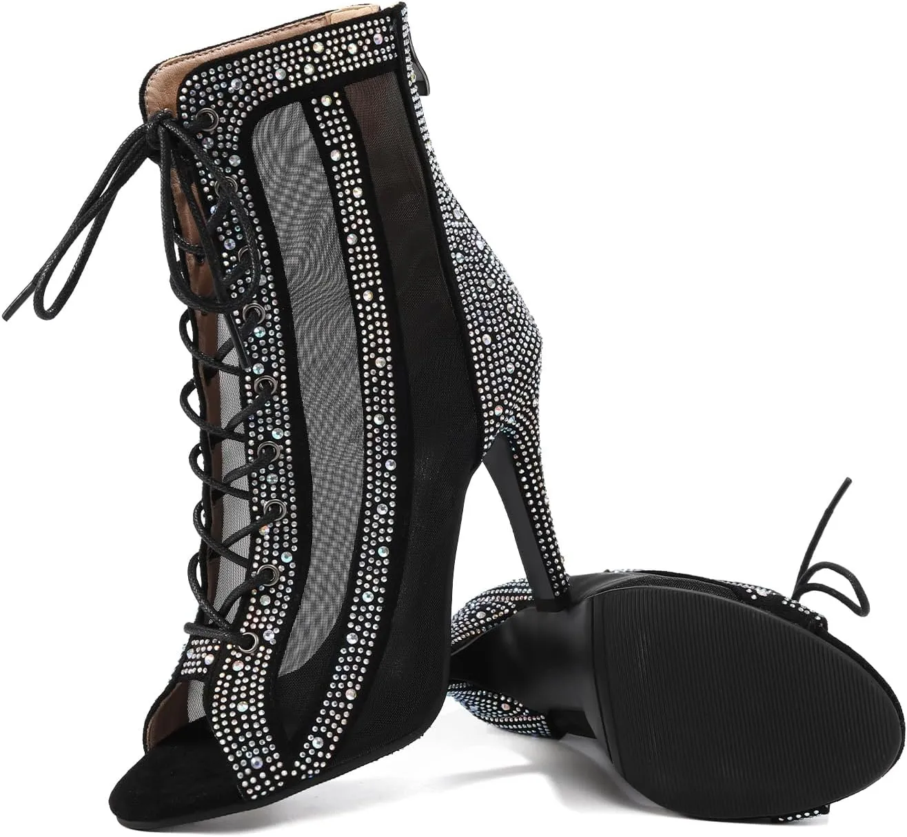 AOQUNFS Women's Rhinestones Latin Dance Boots Ballroom Salsa Lace-up Party Ankle Dance Shoes