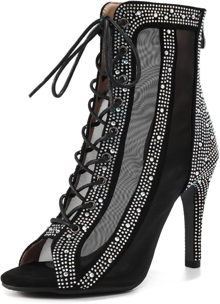 AOQUNFS Women's Rhinestones Latin Dance Boots Ballroom Salsa Lace-up Party Ankle Dance Shoes