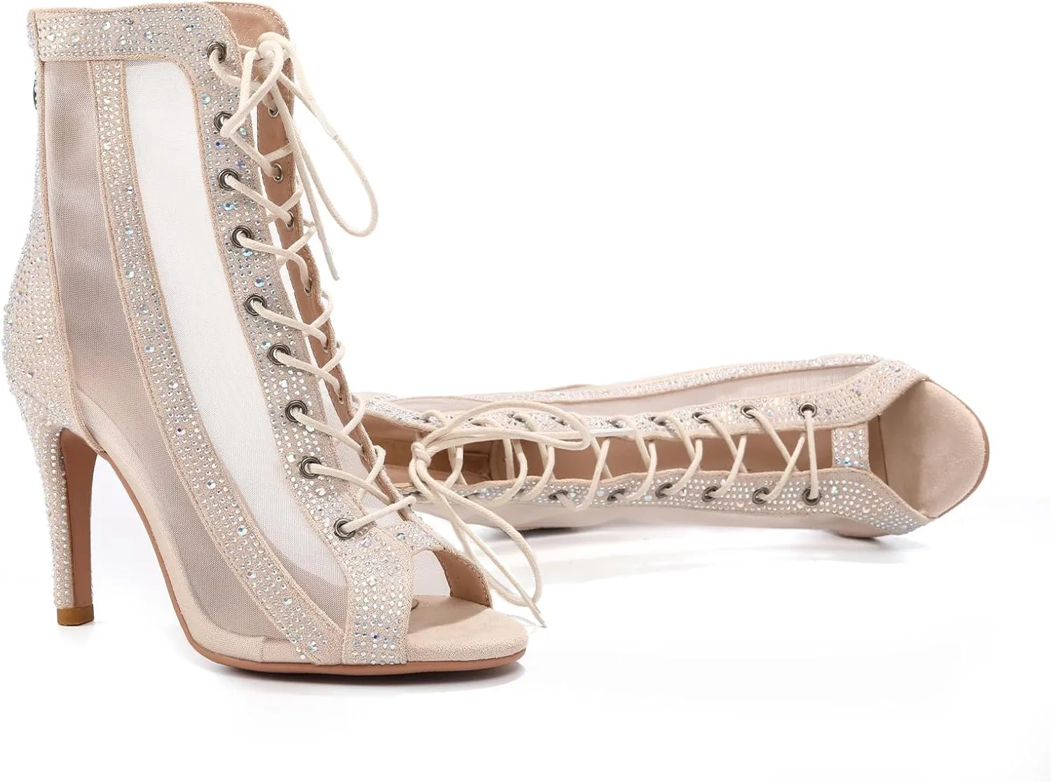AOQUNFS Women's Rhinestones Latin Dance Boots Ballroom Salsa Lace-up Party Ankle Dance Shoes