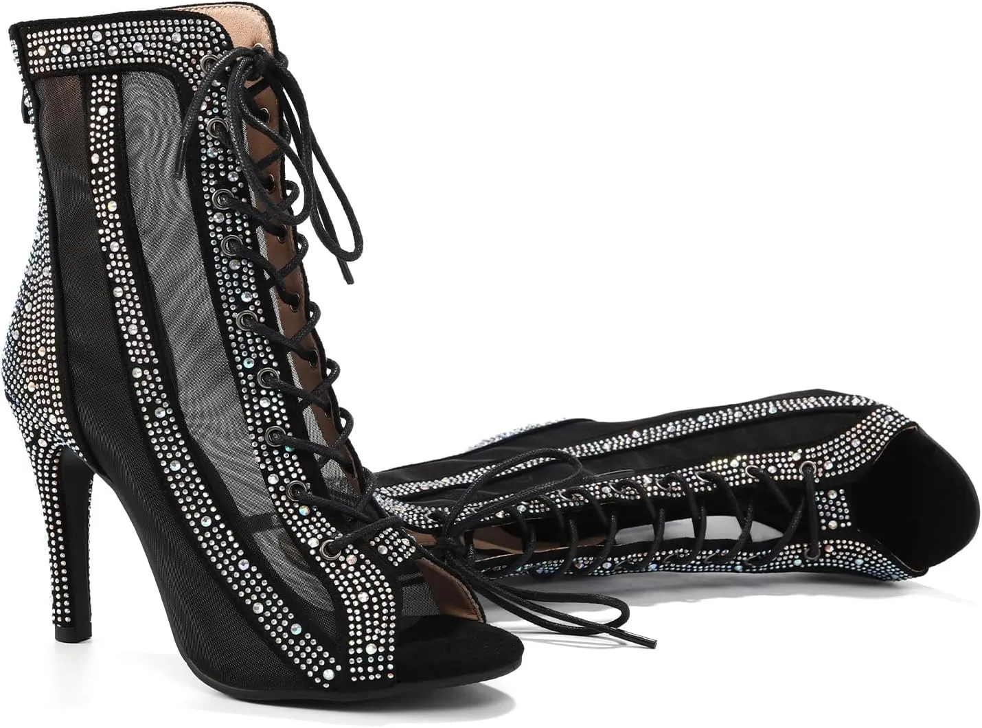 AOQUNFS Women's Rhinestones Latin Dance Boots Ballroom Salsa Lace-up Party Ankle Dance Shoes