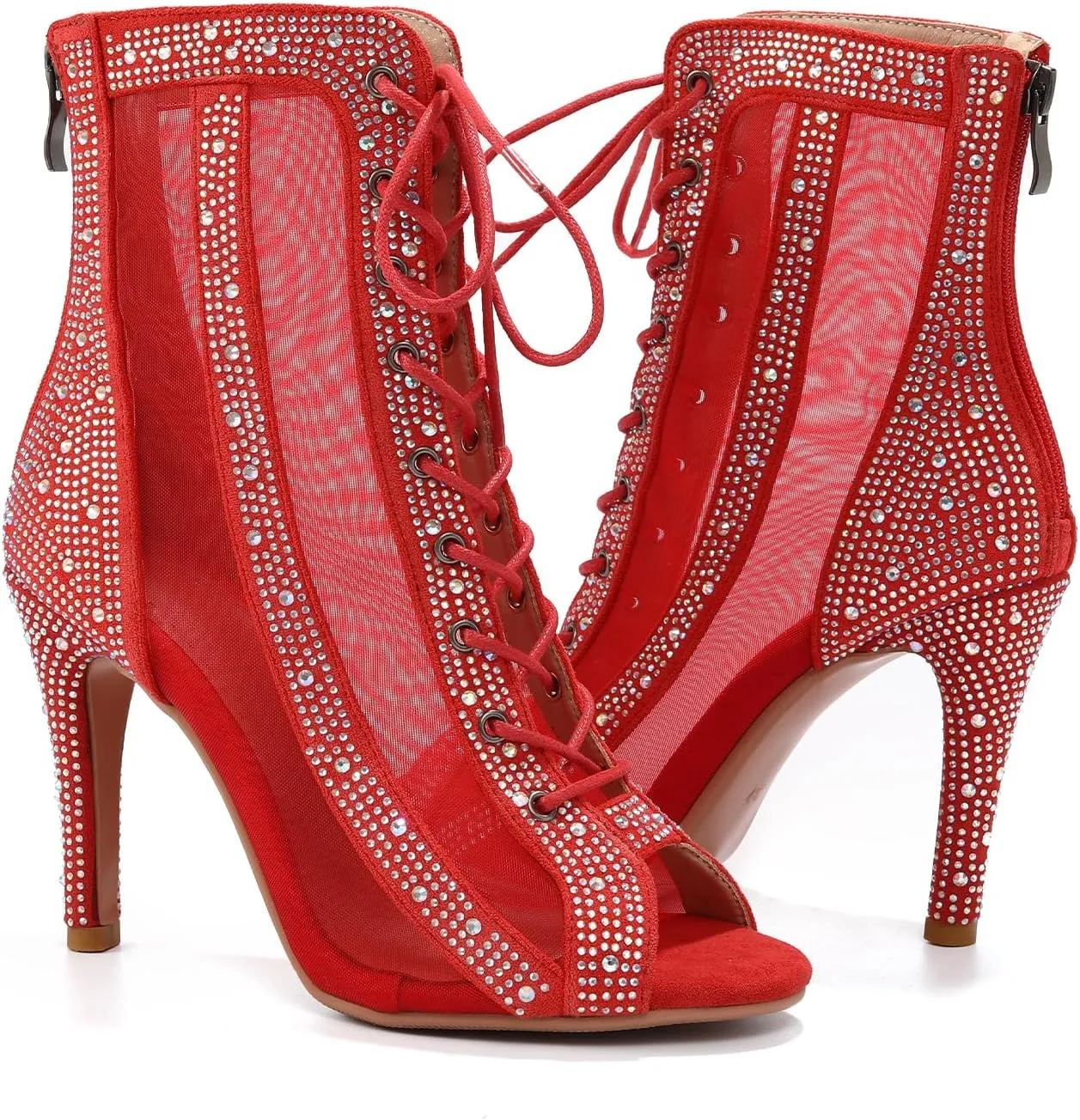 AOQUNFS Women's Rhinestones Latin Dance Boots Ballroom Salsa Lace-up Party Ankle Dance Shoes