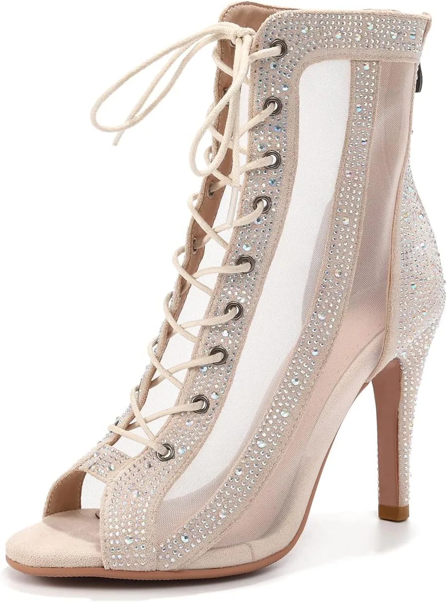 AOQUNFS Women's Rhinestones Latin Dance Boots Ballroom Salsa Lace-up Party Ankle Dance Shoes