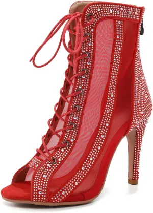AOQUNFS Women's Rhinestones Latin Dance Boots Ballroom Salsa Lace-up Party Ankle Dance Shoes