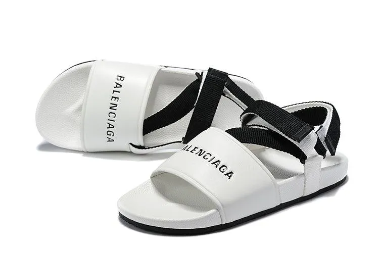Balenciaga Men's Logo-Stamped Leather Sandals White