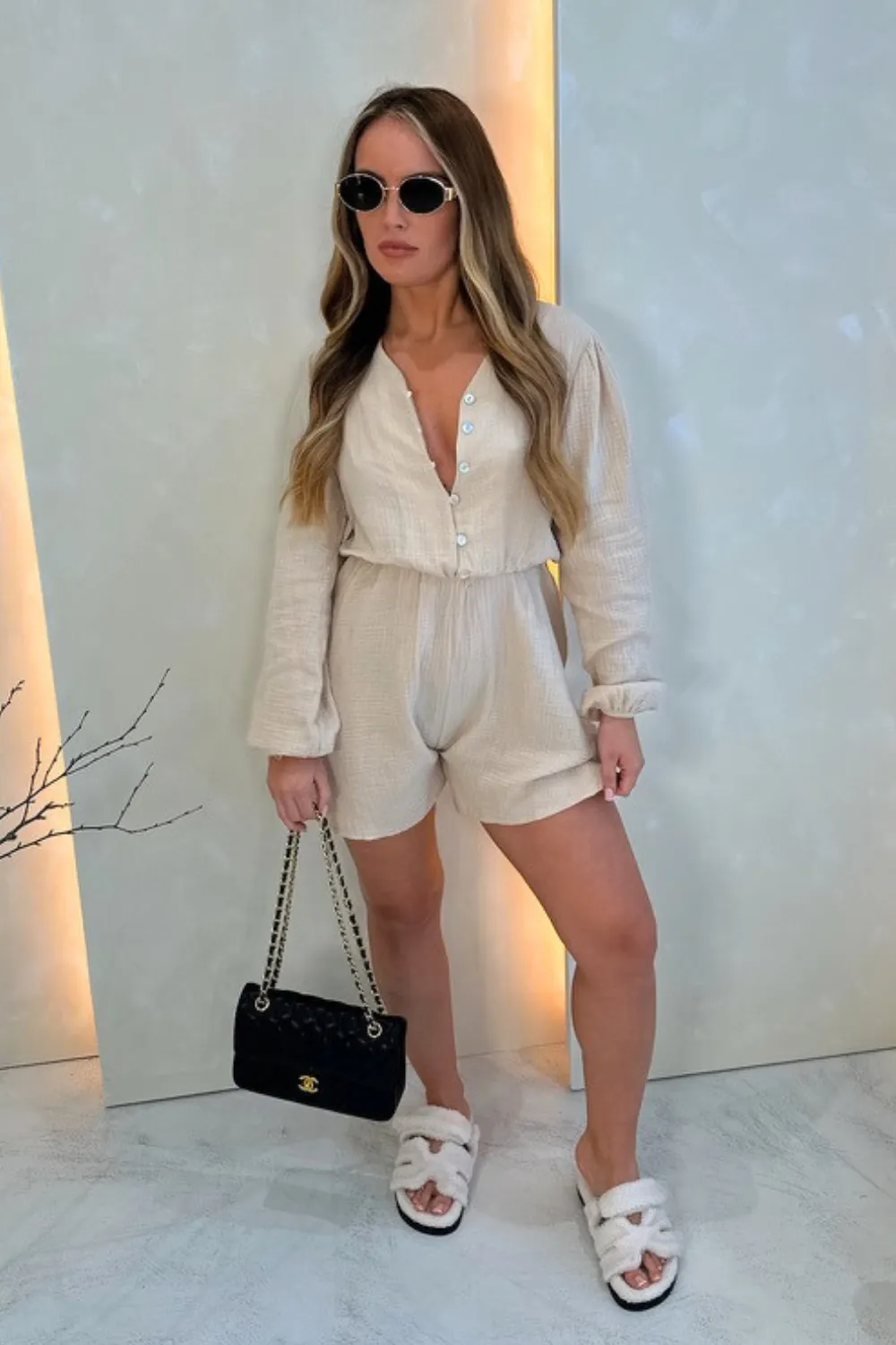 Esme beige cheesecloth linen playsuit