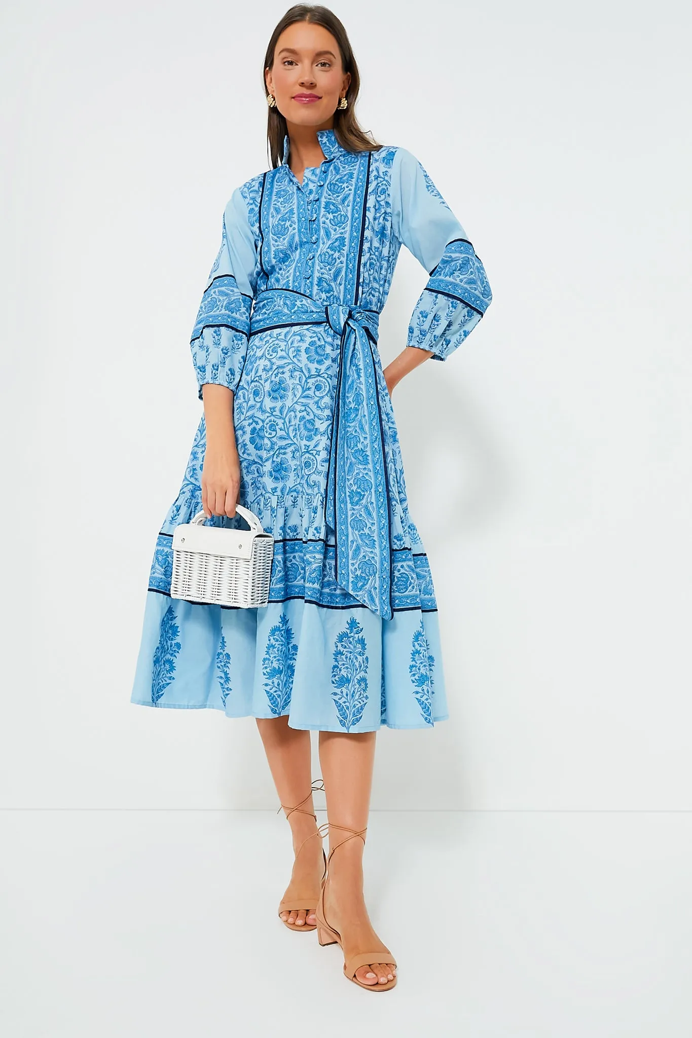 Exclusive Aqua Blue Multi Midi Flounce Victorian Frieze Dress