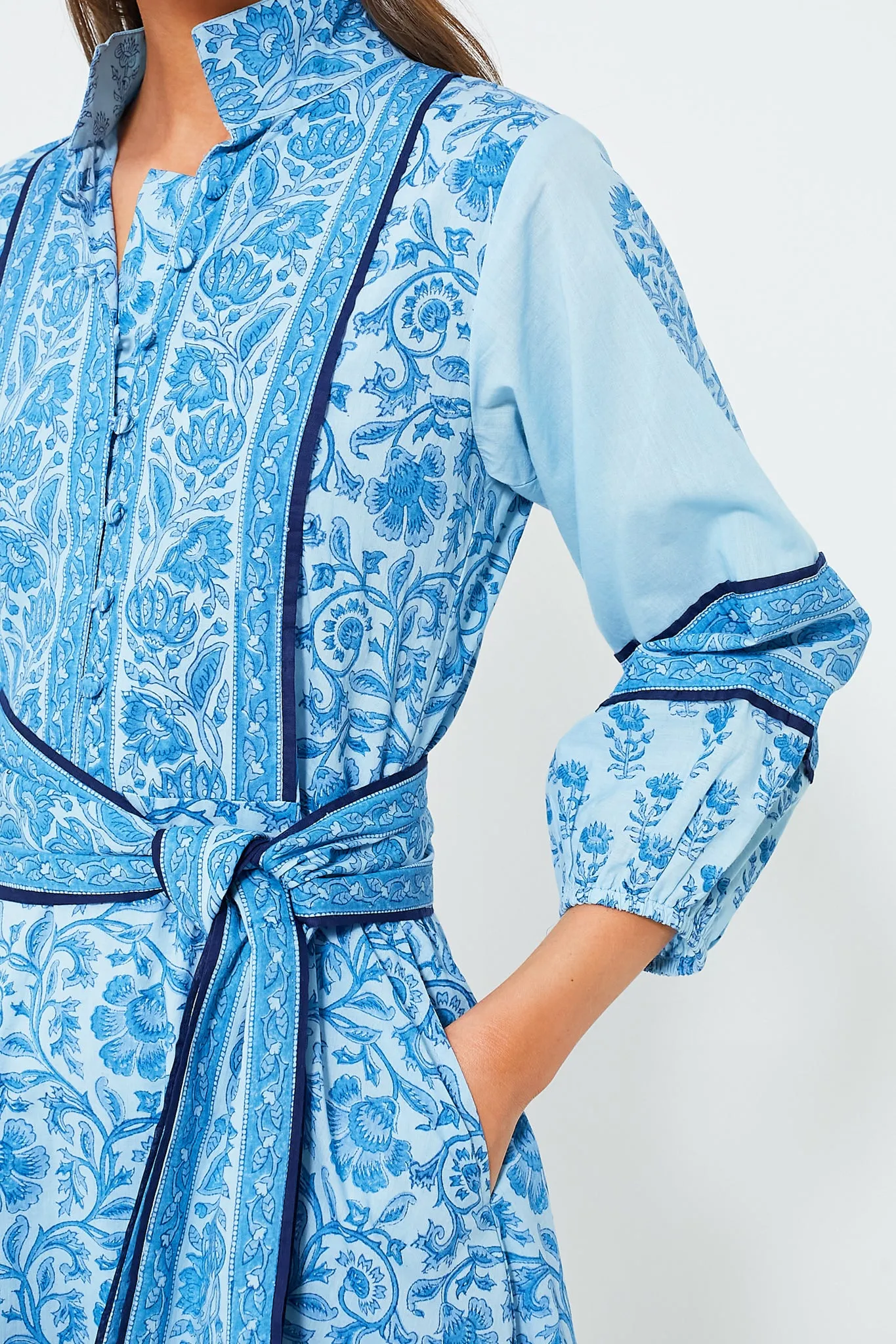 Exclusive Aqua Blue Multi Midi Flounce Victorian Frieze Dress
