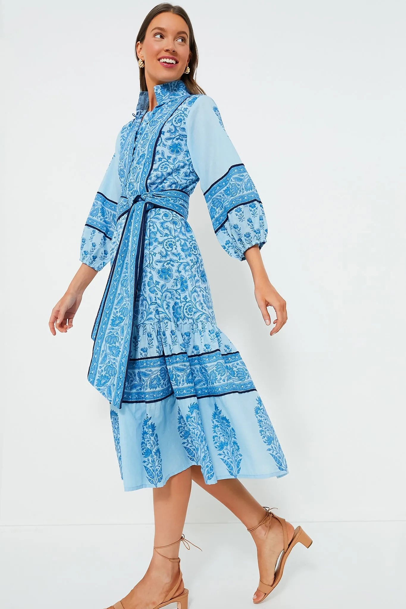 Exclusive Aqua Blue Multi Midi Flounce Victorian Frieze Dress