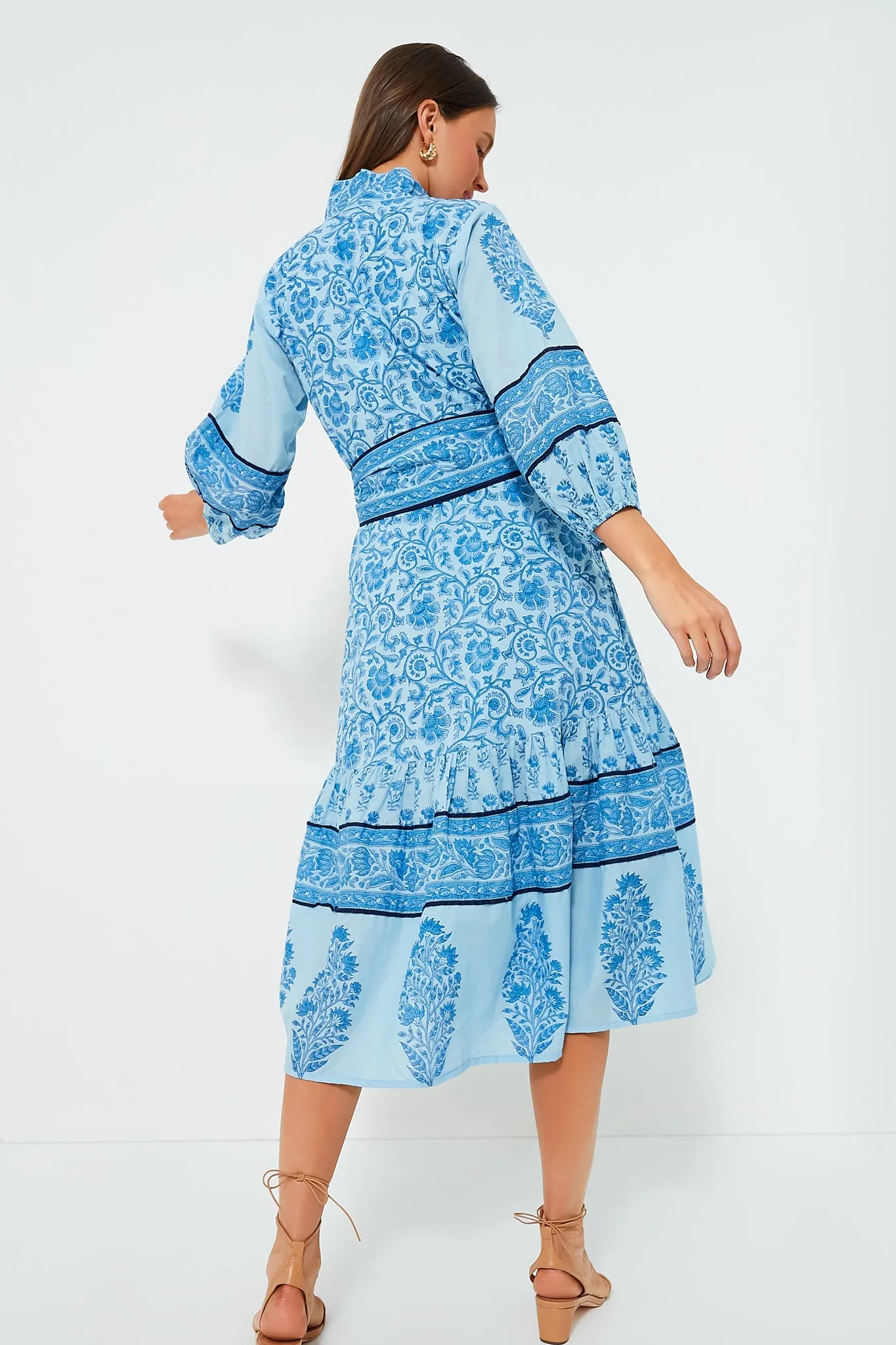 Exclusive Aqua Blue Multi Midi Flounce Victorian Frieze Dress