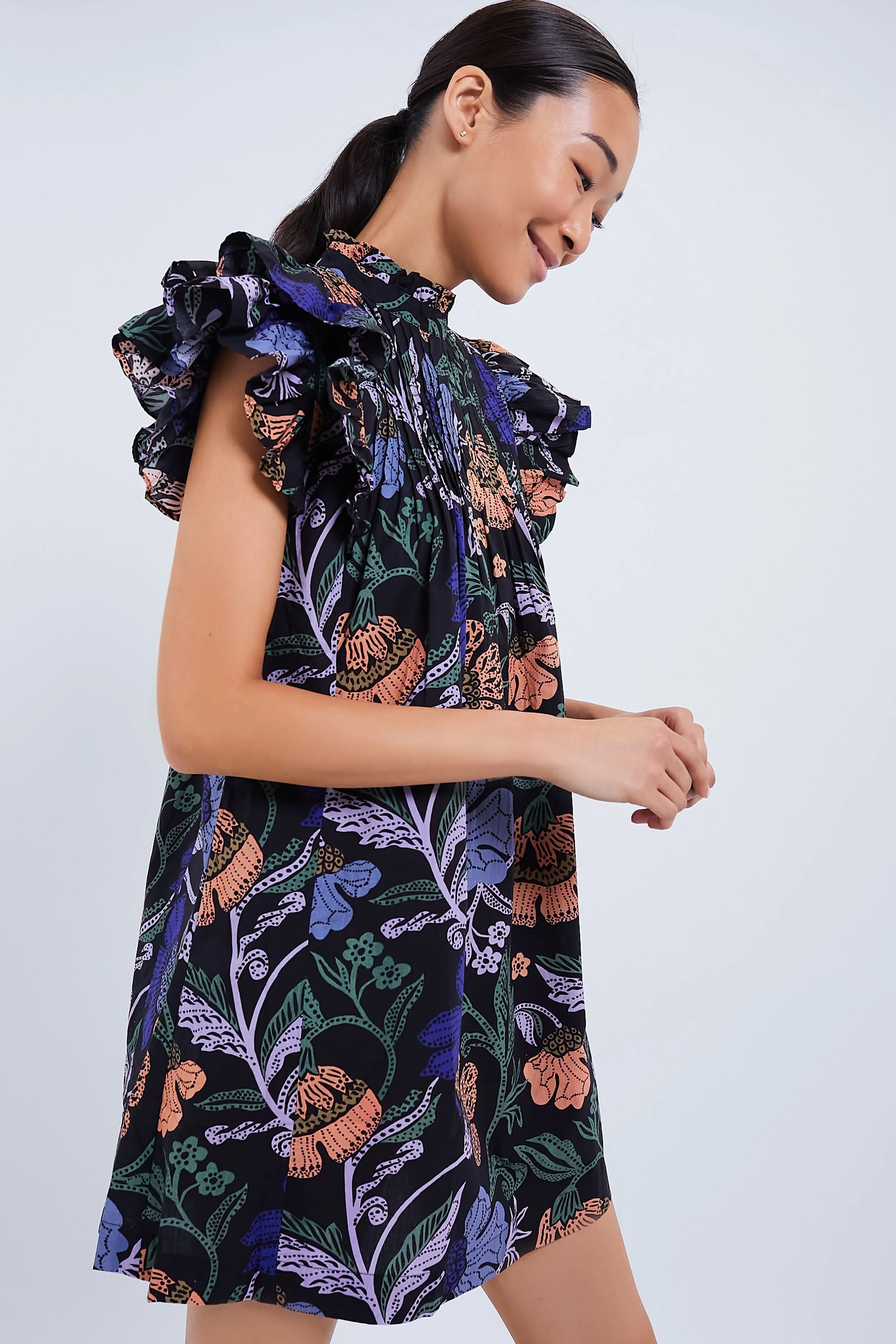 Exclusive Turnin Peri Black Floral Pintuck Ruffle Mini Dress