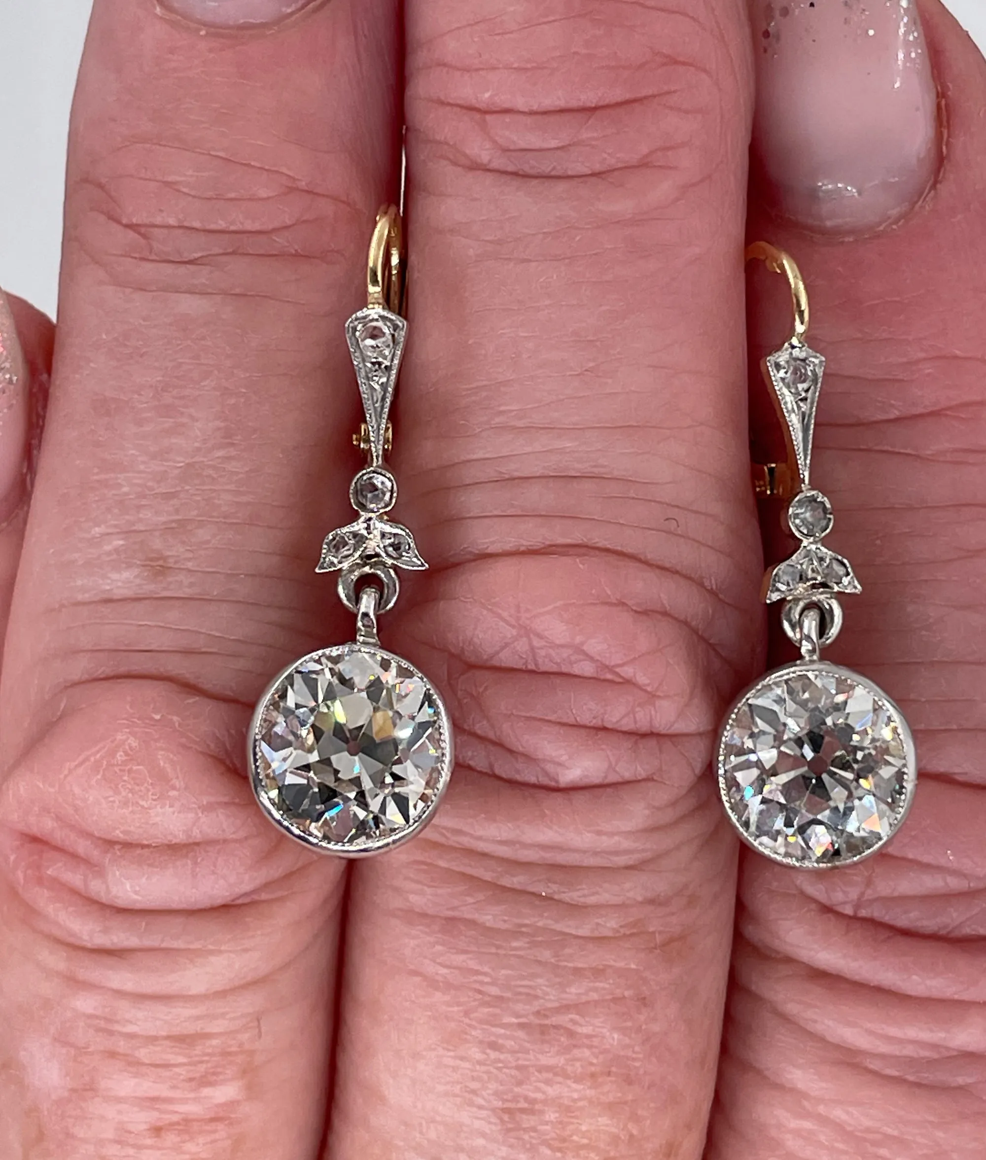 French Belle poque GIA 5.05ctw Old European cut Diamonds Solitaire Dangling Plat 18K Earrings