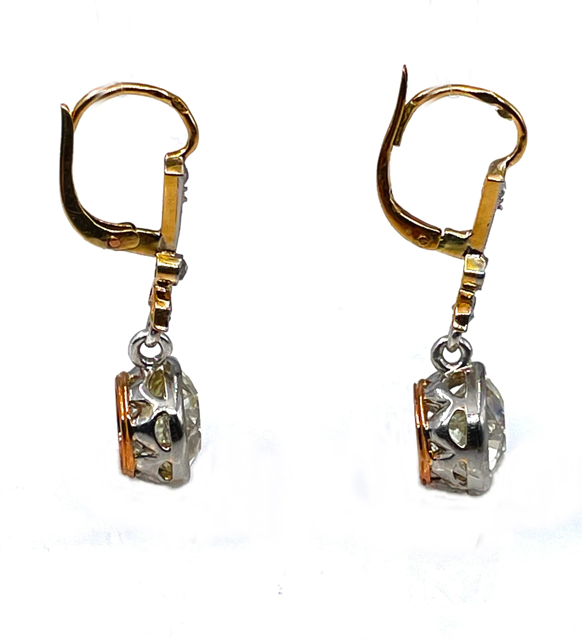 French Belle Époque GIA 5.05ctw Old European cut Diamonds Solitaire Dangling Plat 18K Earrings