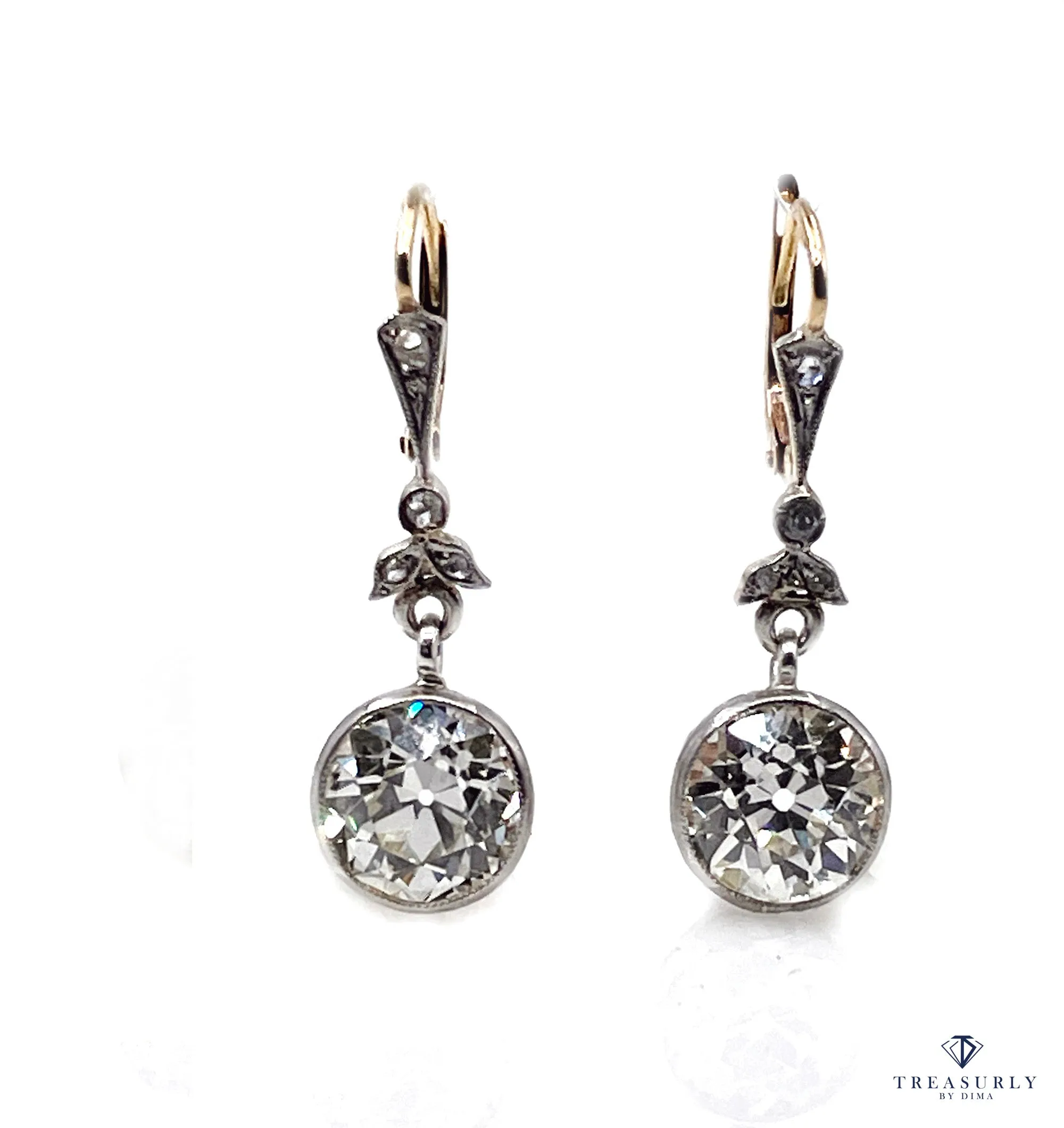 French Belle poque GIA 5.05ctw Old European cut Diamonds Solitaire Dangling Plat 18K Earrings