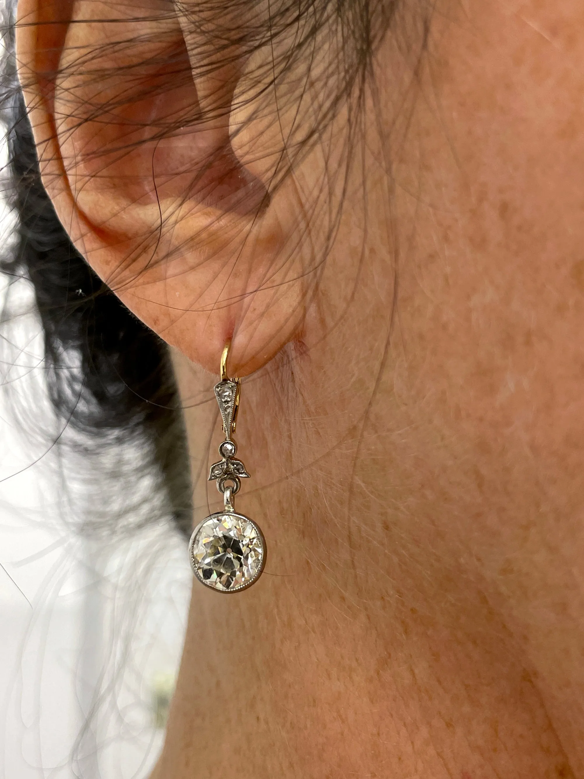 French Belle poque GIA 5.05ctw Old European cut Diamonds Solitaire Dangling Plat 18K Earrings