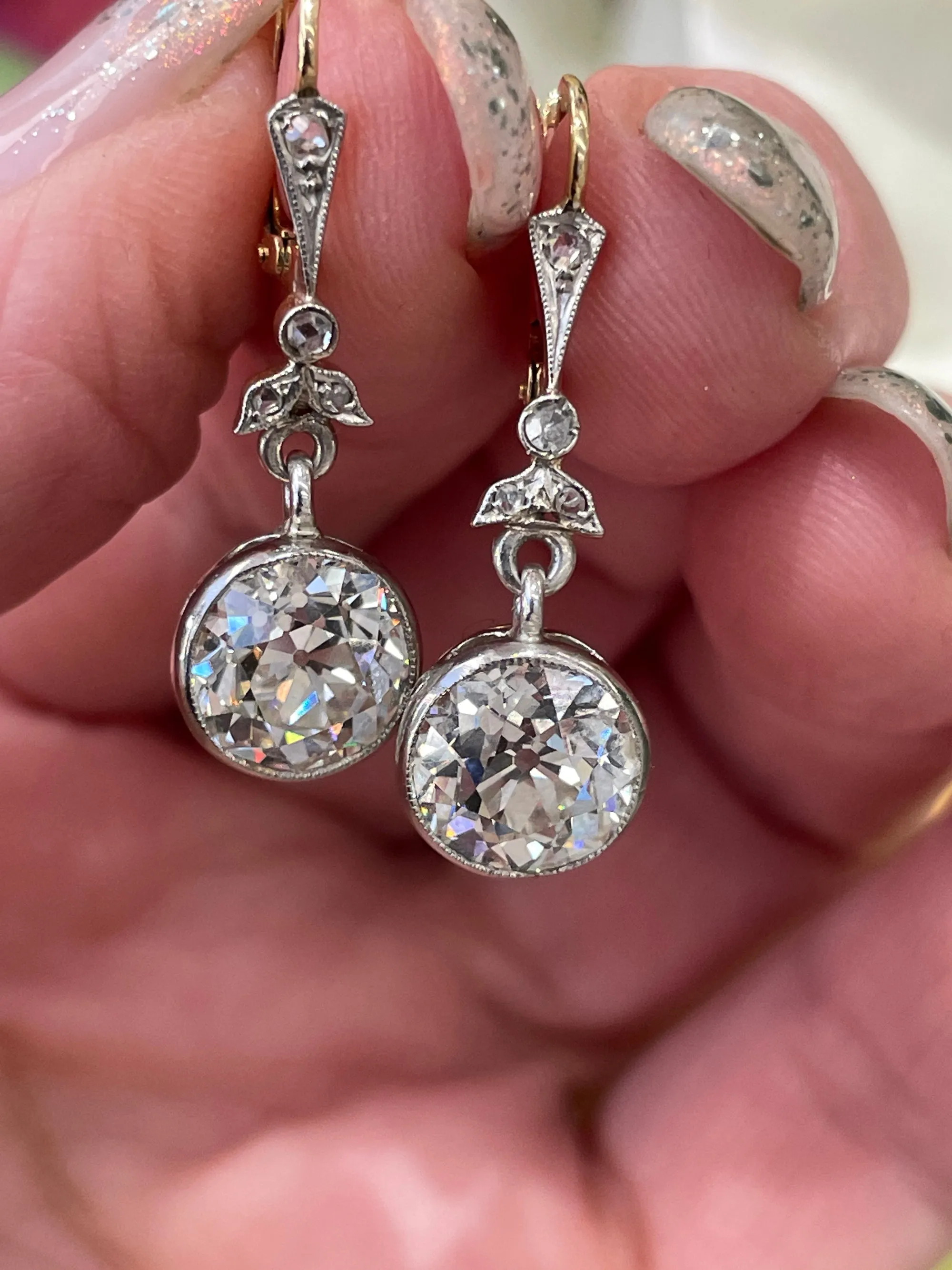 French Belle poque GIA 5.05ctw Old European cut Diamonds Solitaire Dangling Plat 18K Earrings