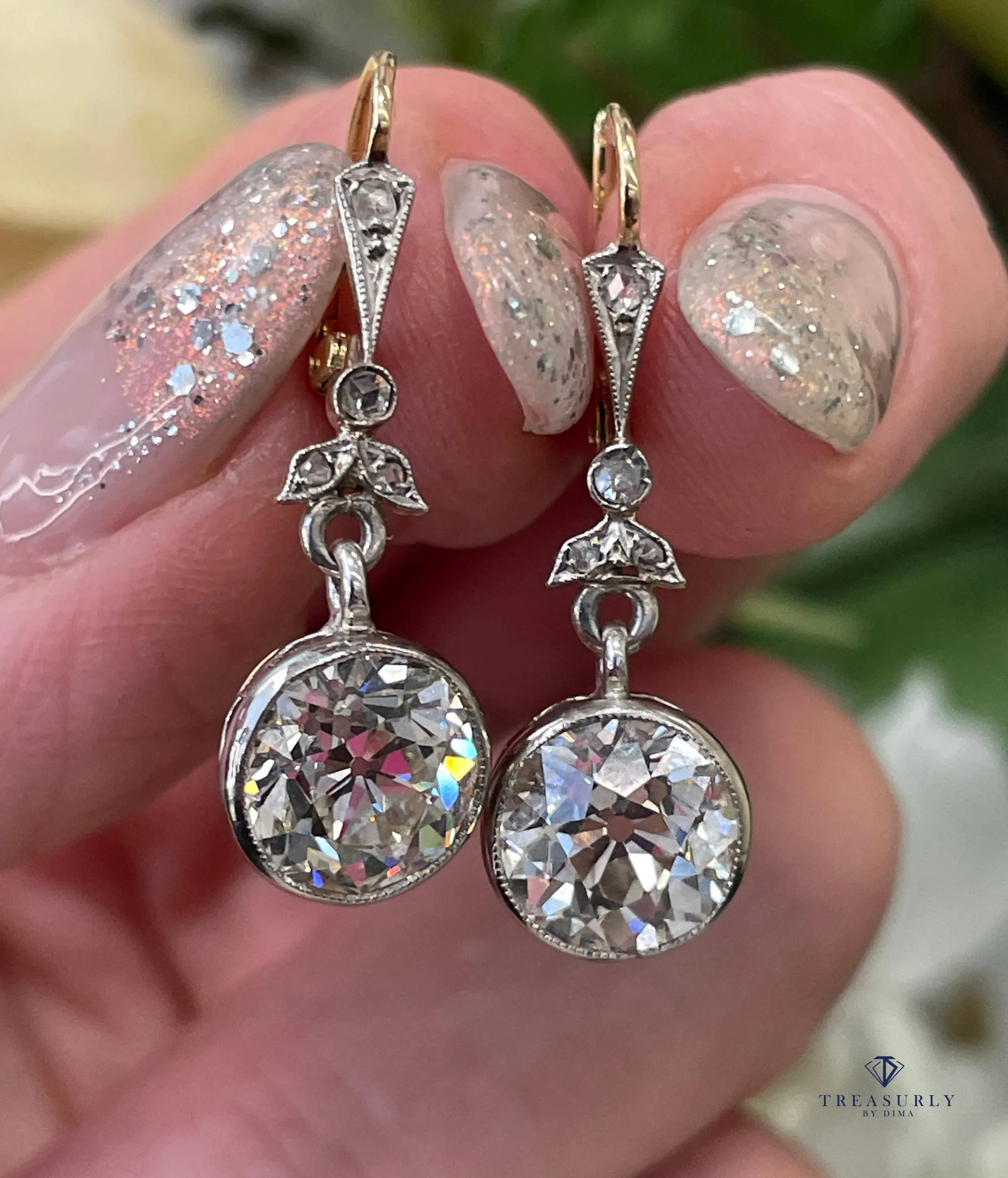 French Belle poque GIA 5.05ctw Old European cut Diamonds Solitaire Dangling Plat 18K Earrings