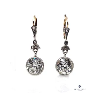 French Belle poque GIA 5.05ctw Old European cut Diamonds Solitaire Dangling Plat 18K Earrings