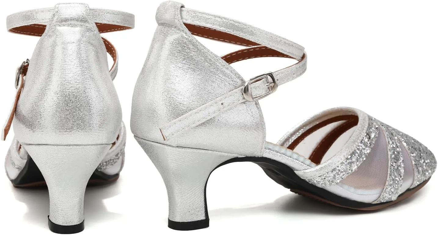 HIPPOSEUS Women Sequins Ballroom Dance Shoes Closed Toe Latin Salsa Character Dancing Shoes Ankle Strap,Model 122