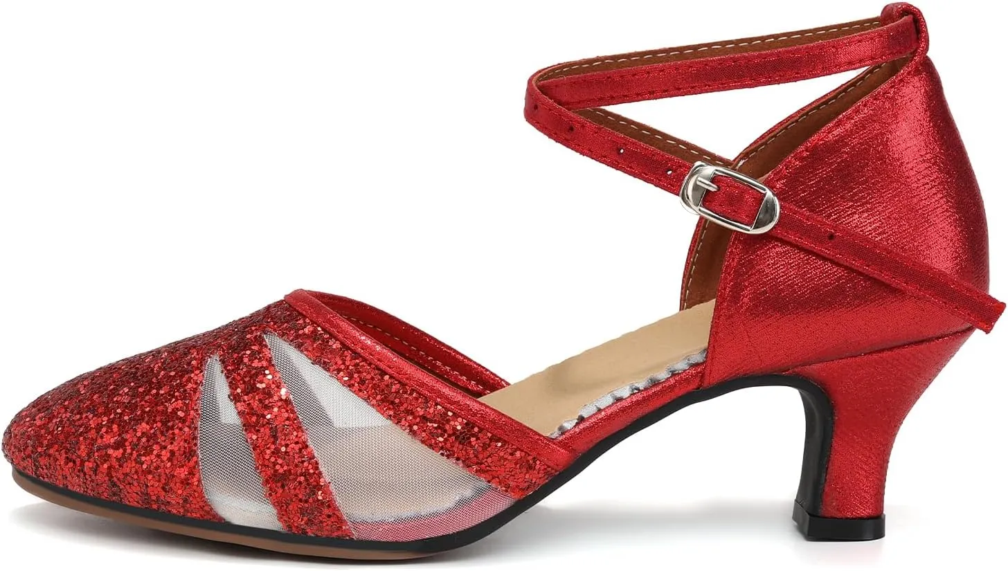 HIPPOSEUS Women Sequins Ballroom Dance Shoes Closed Toe Latin Salsa Character Dancing Shoes Ankle Strap,Model 122