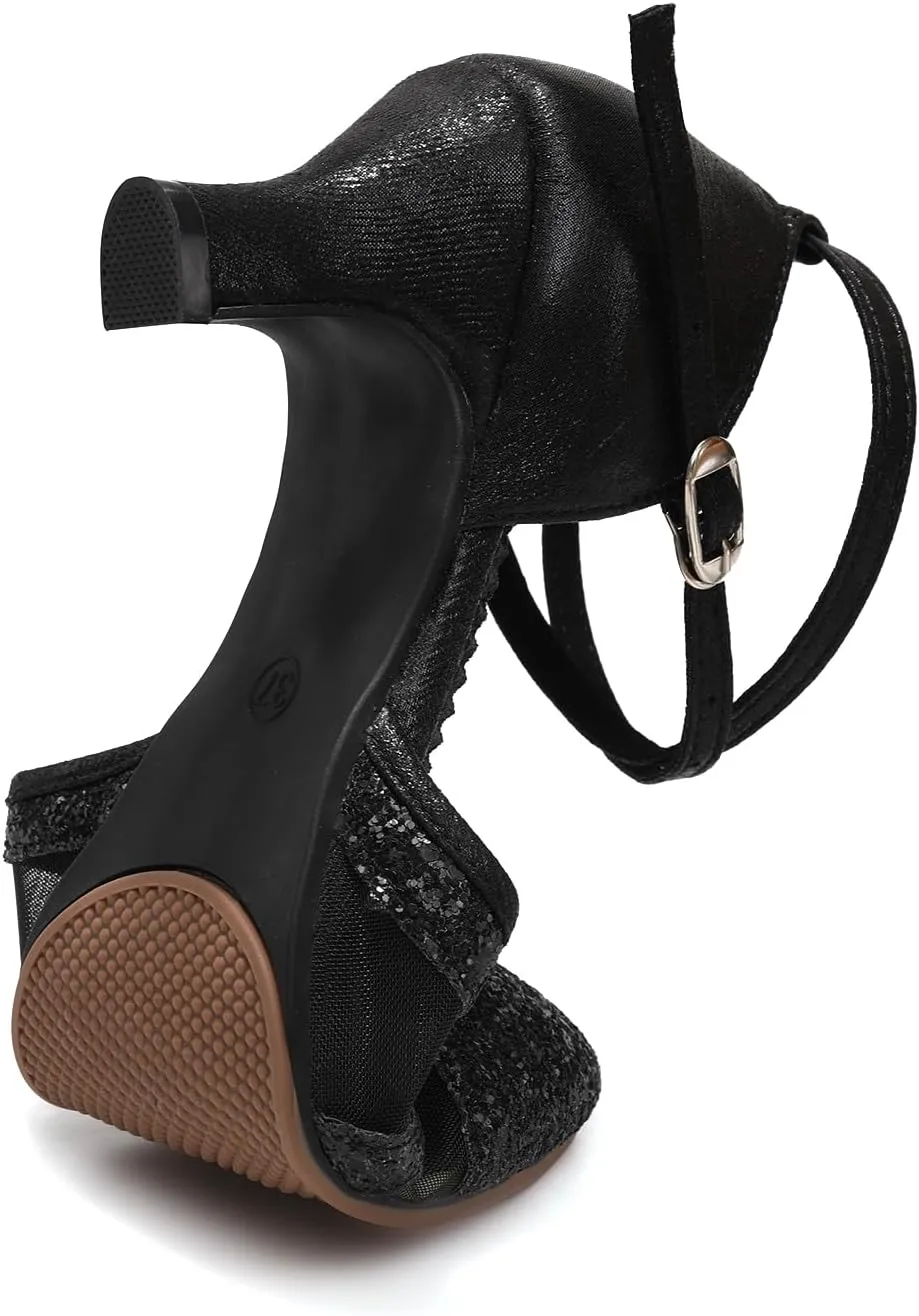 HIPPOSEUS Women Sequins Ballroom Dance Shoes Closed Toe Latin Salsa Character Dancing Shoes Ankle Strap,Model 122