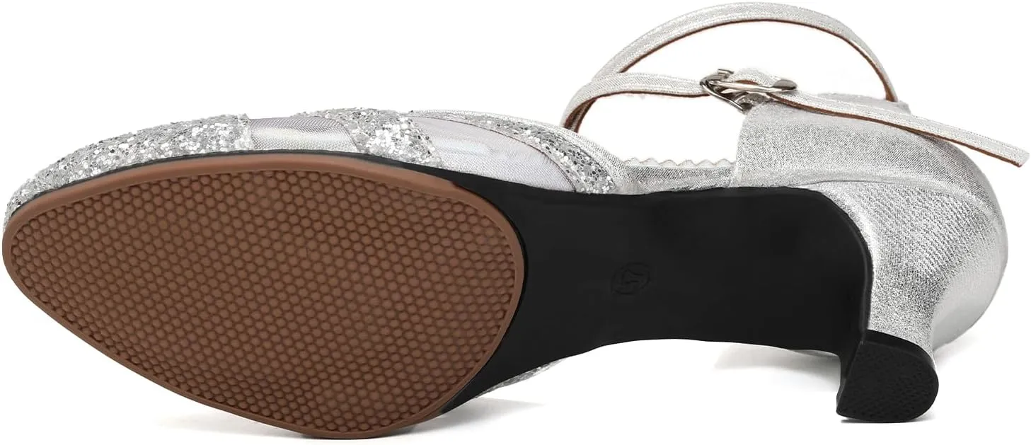 HIPPOSEUS Women Sequins Ballroom Dance Shoes Closed Toe Latin Salsa Character Dancing Shoes Ankle Strap,Model 122