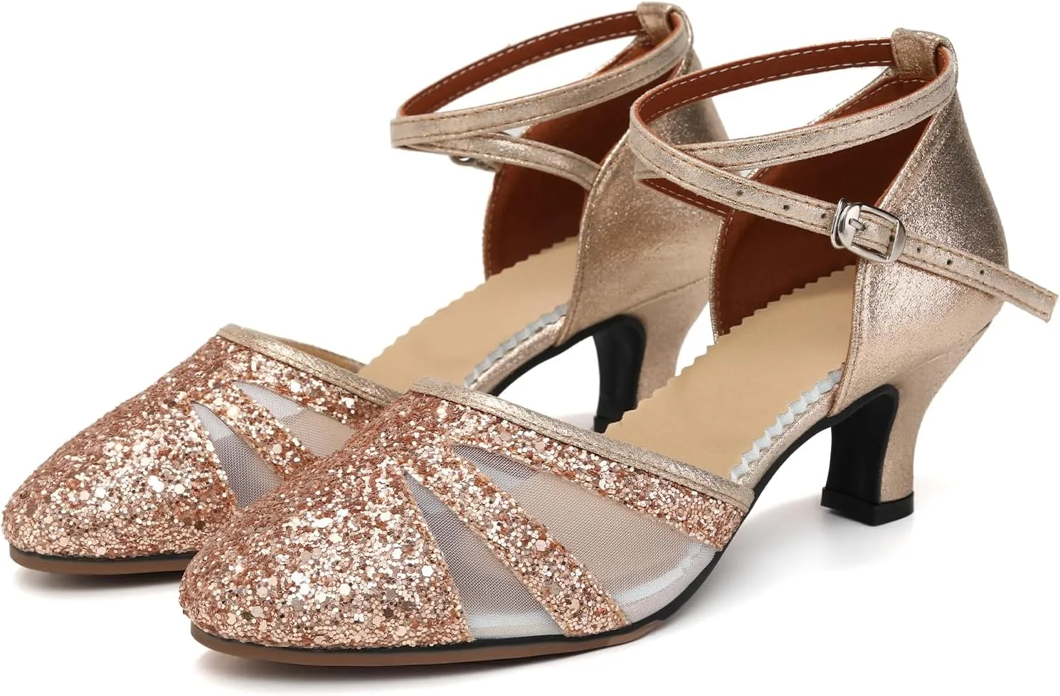 HIPPOSEUS Women Sequins Ballroom Dance Shoes Closed Toe Latin Salsa Character Dancing Shoes Ankle Strap,Model 122