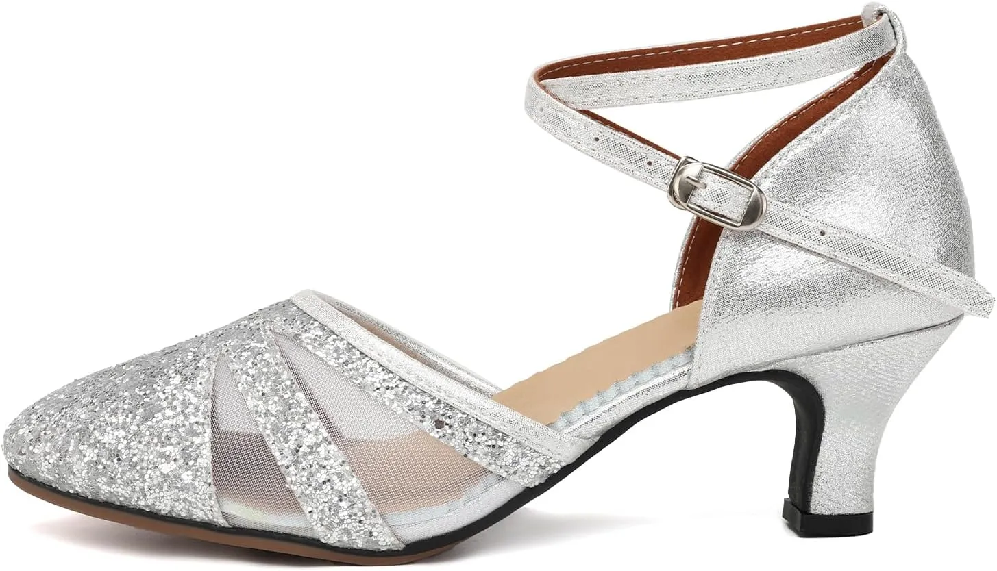 HIPPOSEUS Women Sequins Ballroom Dance Shoes Closed Toe Latin Salsa Character Dancing Shoes Ankle Strap,Model 122