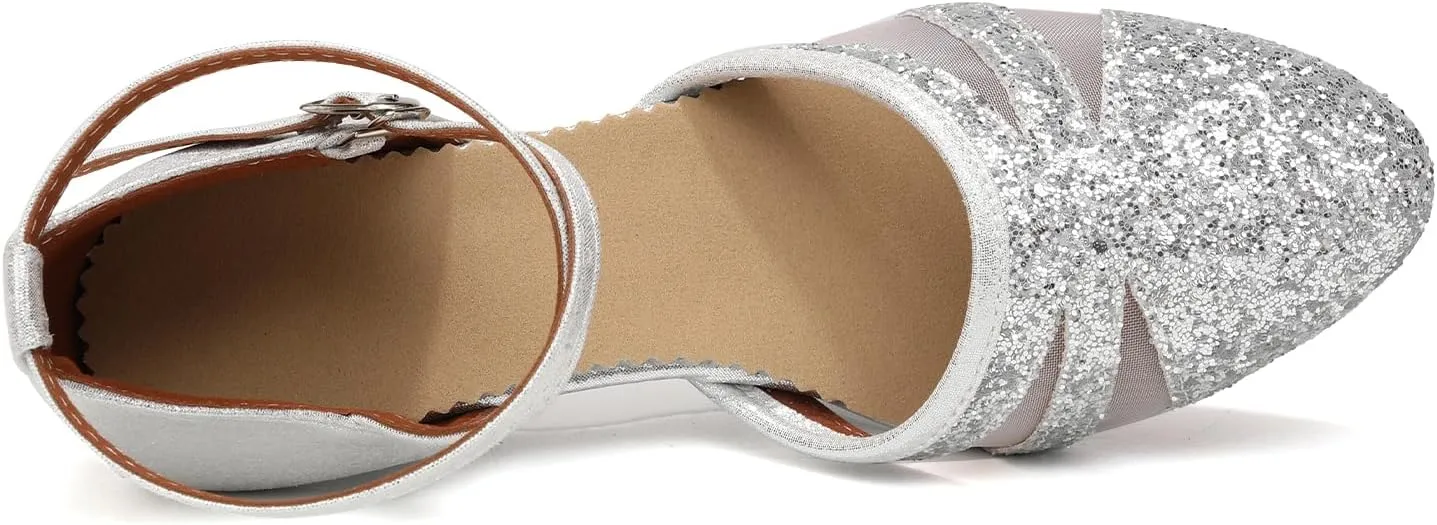 HIPPOSEUS Women Sequins Ballroom Dance Shoes Closed Toe Latin Salsa Character Dancing Shoes Ankle Strap,Model 122