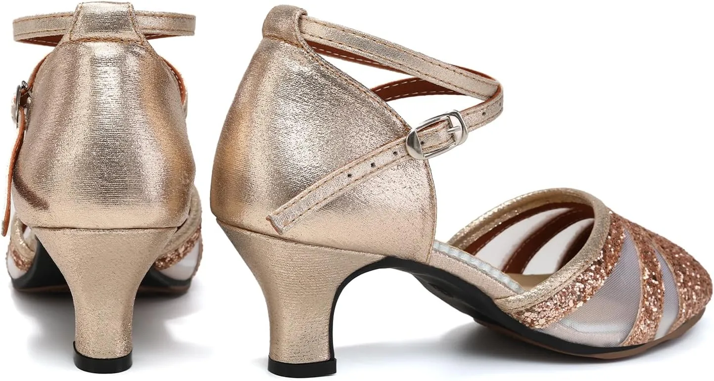 HIPPOSEUS Women Sequins Ballroom Dance Shoes Closed Toe Latin Salsa Character Dancing Shoes Ankle Strap,Model 122
