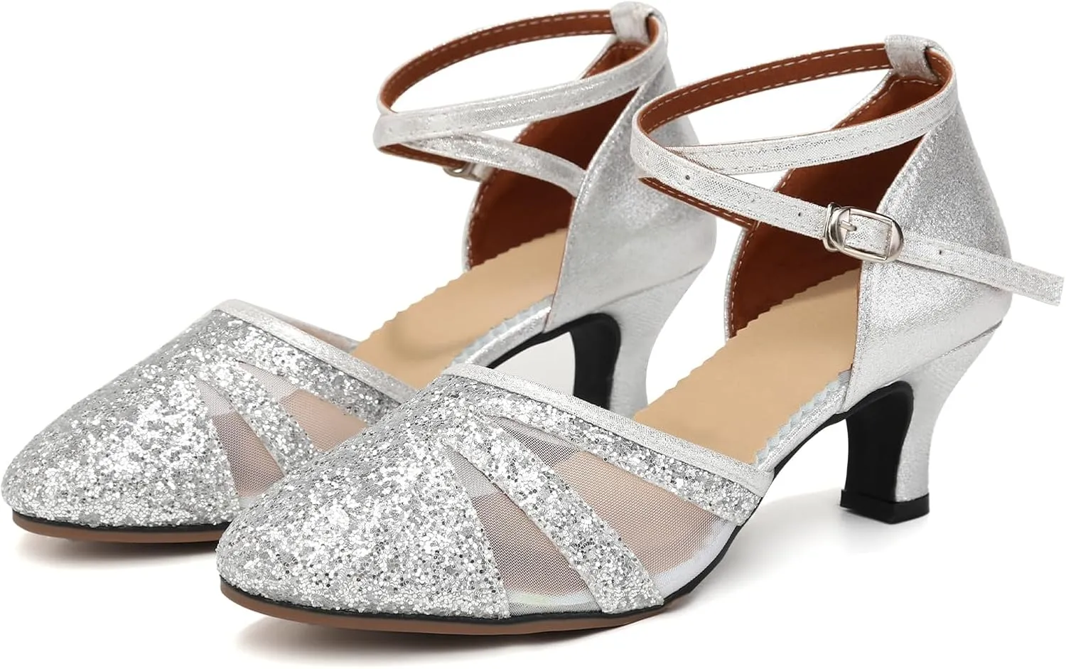 HIPPOSEUS Women Sequins Ballroom Dance Shoes Closed Toe Latin Salsa Character Dancing Shoes Ankle Strap,Model 122