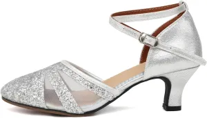 HIPPOSEUS Women Sequins Ballroom Dance Shoes Closed Toe Latin Salsa Character Dancing Shoes Ankle Strap,Model 122