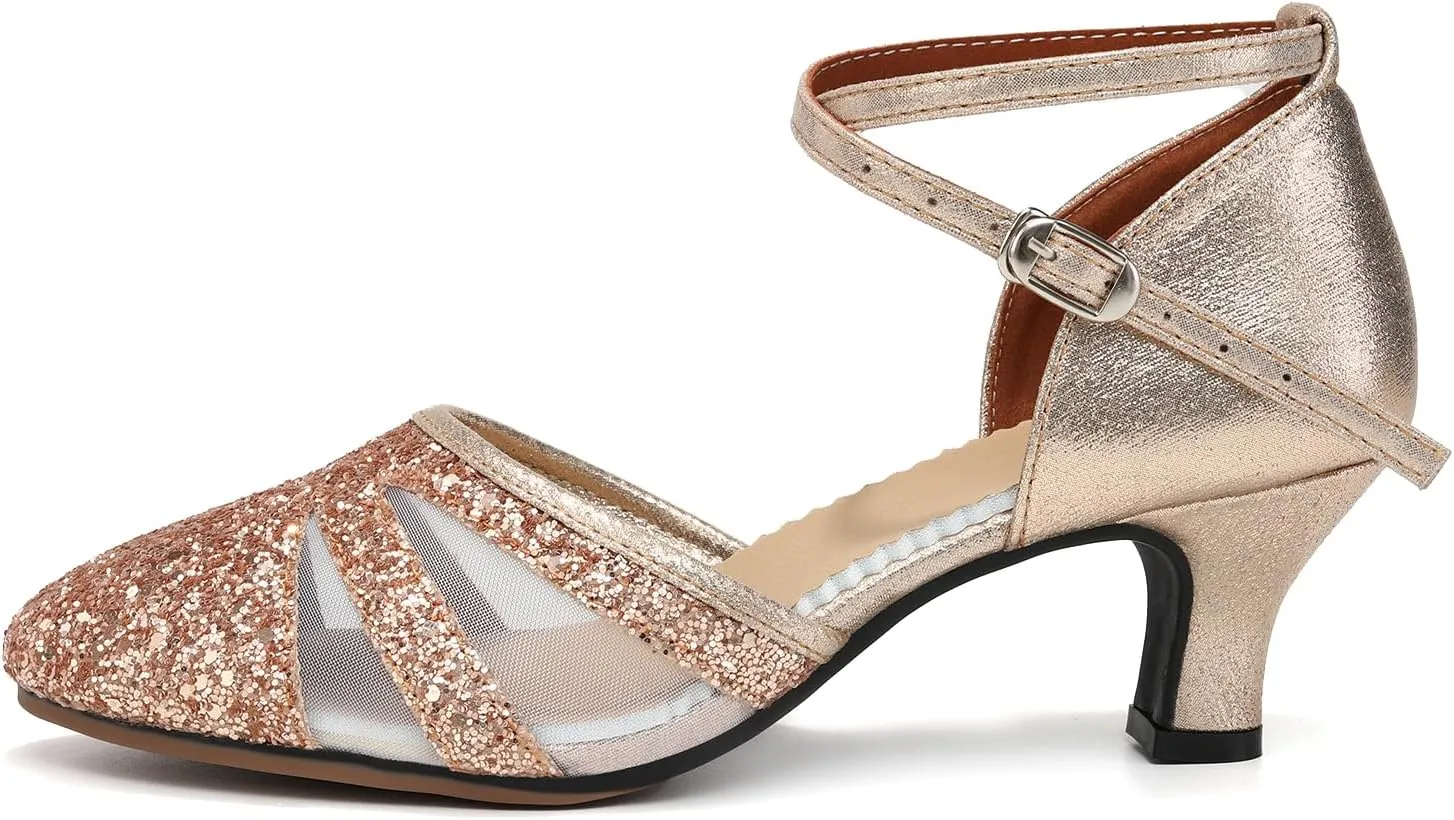 HIPPOSEUS Women Sequins Ballroom Dance Shoes Closed Toe Latin Salsa Character Dancing Shoes Ankle Strap,Model 122