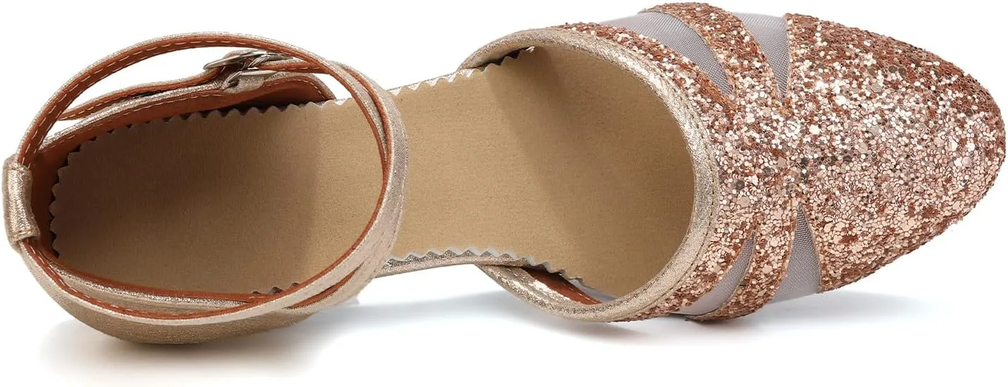HIPPOSEUS Women Sequins Ballroom Dance Shoes Closed Toe Latin Salsa Character Dancing Shoes Ankle Strap,Model 122