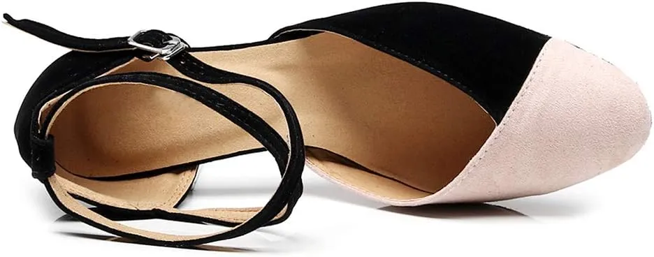 JUODVMP Women's Latin Salsa Character Dance Shoes Ultrasuede Patchwork Color Closed-Toe Crossed-Ankle Strap Ballroom Shoesn Model QJW7136