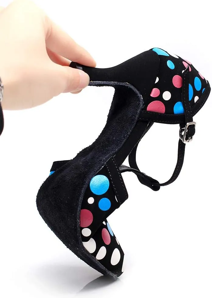 JUODVMP Women's Latin Salsa Character Dance Shoes Ultrasuede Patchwork Color Closed-Toe Crossed-Ankle Strap Ballroom Shoesn Model QJW7136