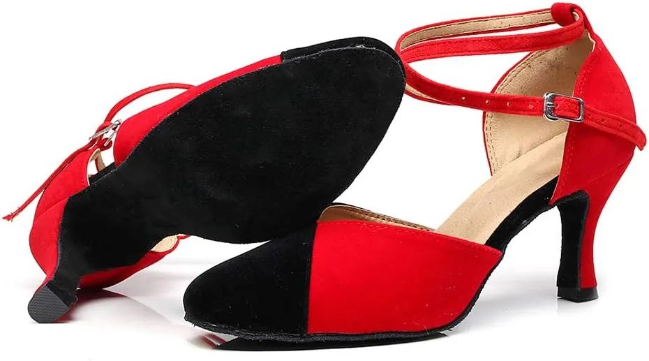 JUODVMP Women's Latin Salsa Character Dance Shoes Ultrasuede Patchwork Color Closed-Toe Crossed-Ankle Strap Ballroom Shoesn Model QJW7136