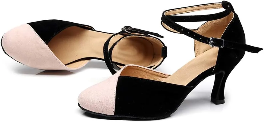 JUODVMP Women's Latin Salsa Character Dance Shoes Ultrasuede Patchwork Color Closed-Toe Crossed-Ankle Strap Ballroom Shoesn Model QJW7136