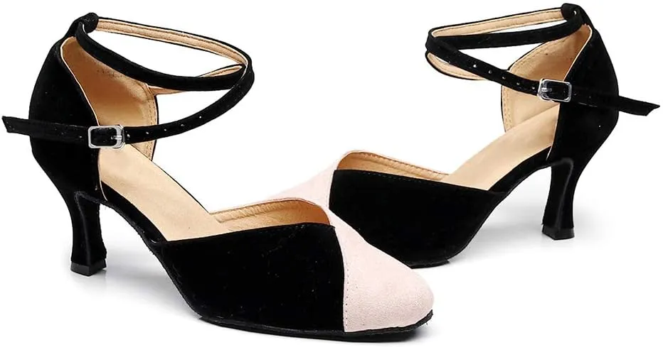 JUODVMP Women's Latin Salsa Character Dance Shoes Ultrasuede Patchwork Color Closed-Toe Crossed-Ankle Strap Ballroom Shoesn Model QJW7136