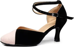 JUODVMP Women's Latin Salsa Character Dance Shoes Ultrasuede Patchwork Color Closed-Toe Crossed-Ankle Strap Ballroom Shoesn Model QJW7136