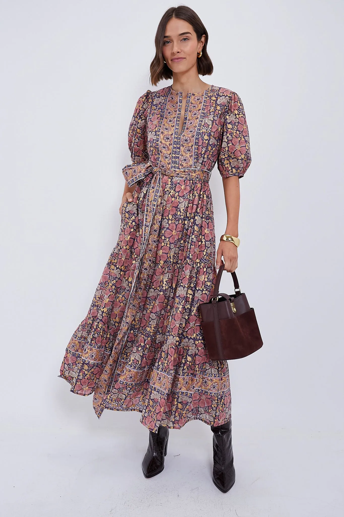 Matera Navy Puff Sleeve Maxi Dress