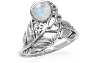 Natural Moonstone White Gold 925 Sterling Silver Feather Victorian Style Ring