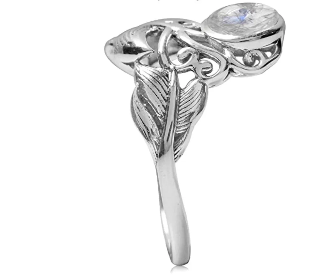Natural Moonstone White Gold 925 Sterling Silver Feather Victorian Style Ring