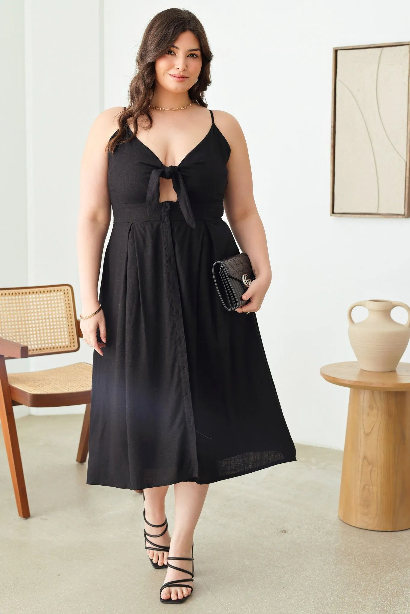 Plus Size Cut-Out Front Tie Smocked Sleeveless Midi Dress