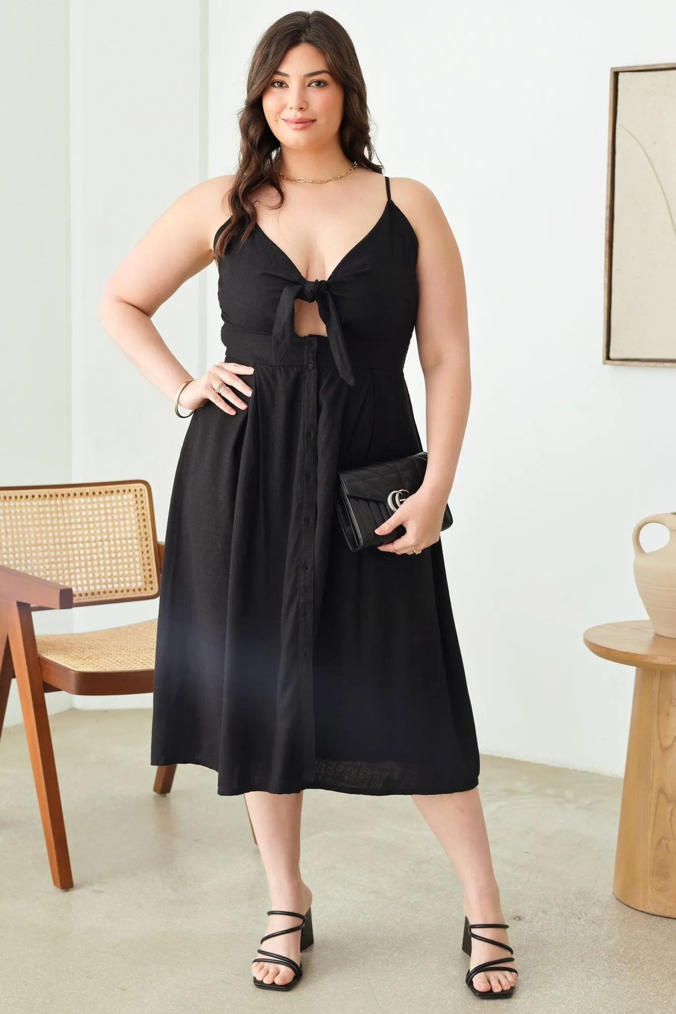 Plus Size Cut-Out Front Tie Smocked Sleeveless Midi Dress