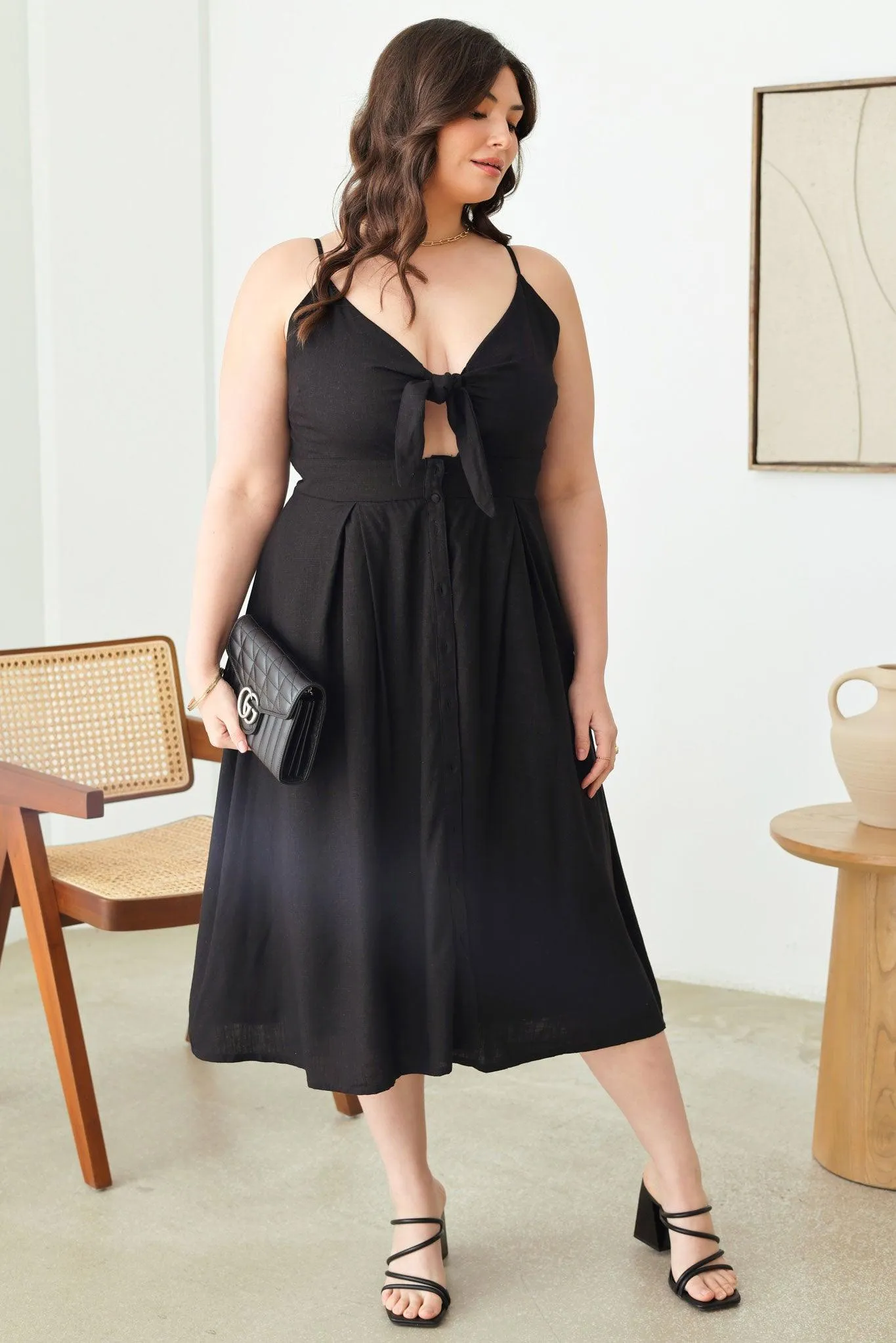 Plus Size Cut-Out Front Tie Smocked Sleeveless Midi Dress