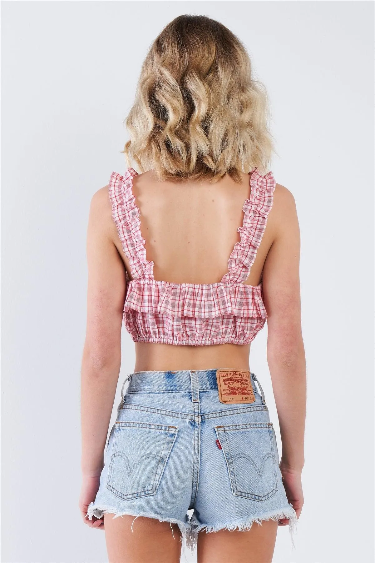 Red Cotton Checkered Frill Trim Crop Top