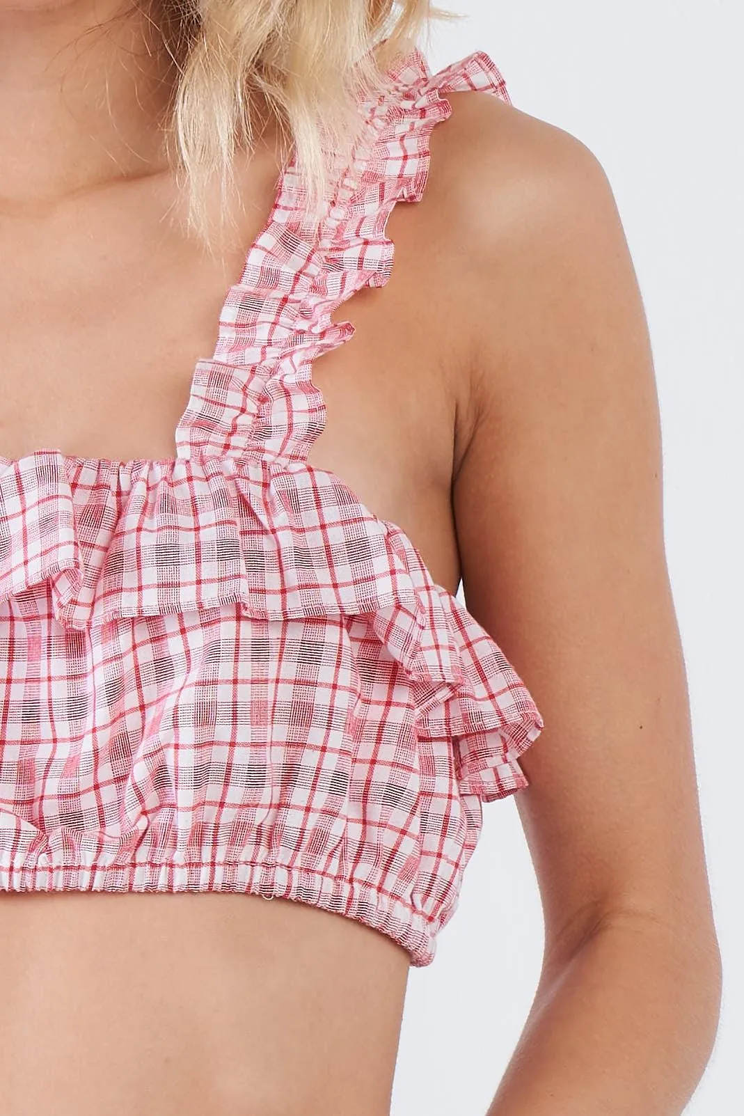 Red Cotton Checkered Frill Trim Crop Top