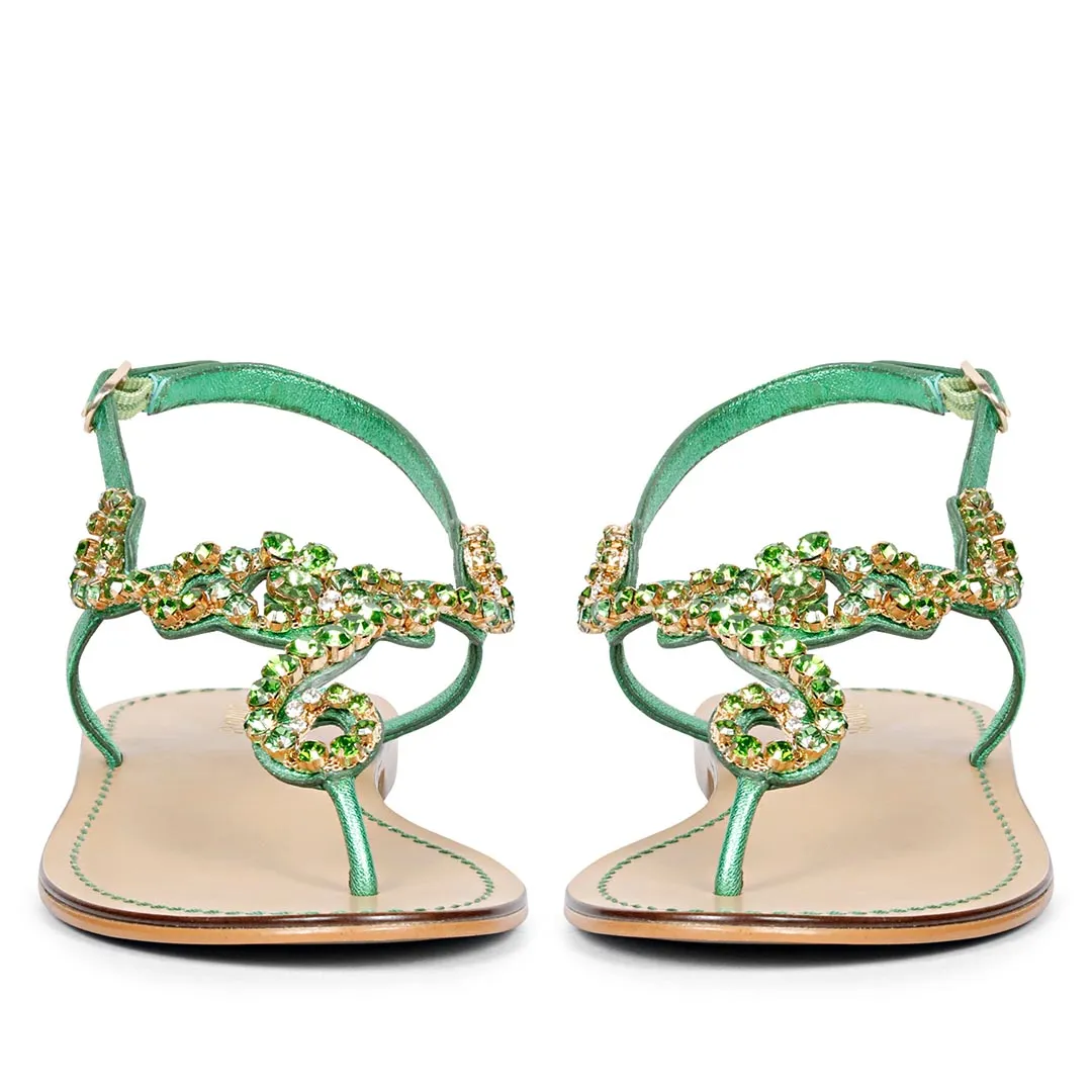Saint Kaia Gold Stone  Metallic Green Leather Sandals